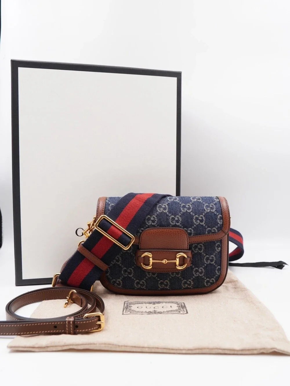 CN10 💗 GUCCI New Denim GG Monogram Calfskin Web Horsebit